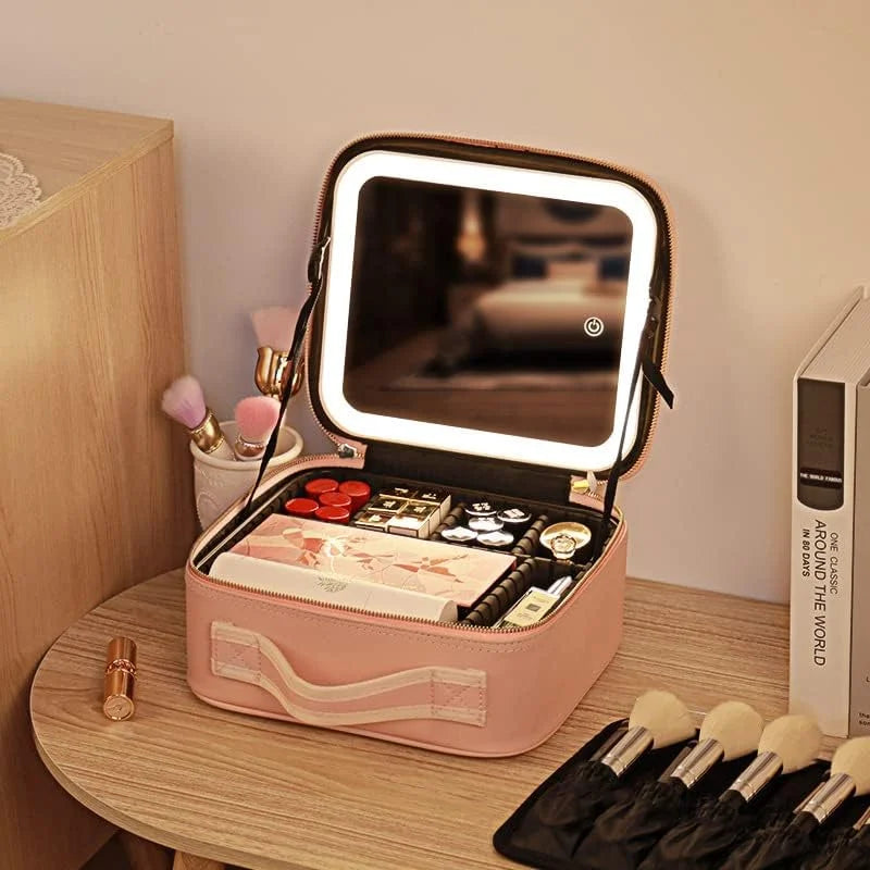 MAKEUP BAG WITH-LED LIGHTS AND MIRROR (PINK )