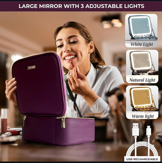 PURPLE COLOUR MAKEUP BAG WITH LED- LIGHTS AND MIRROR
