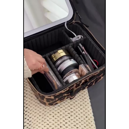 LEOPARD SKIN MAKEUP BAG WITH LED-LIGHTS AND MIRROR