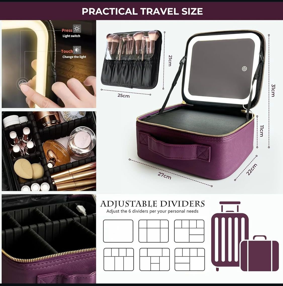 PURPLE COLOUR MAKEUP BAG WITH LED- LIGHTS AND MIRROR