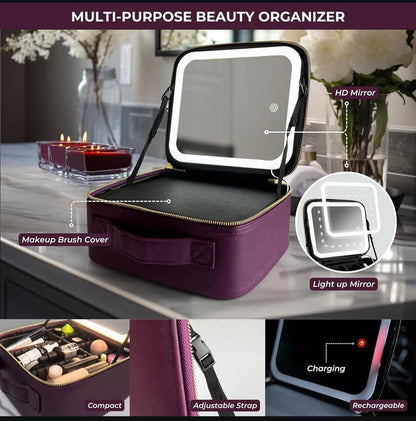PURPLE COLOUR MAKEUP BAG WITH LED- LIGHTS AND MIRROR