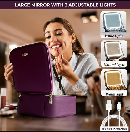 PURPLE COLOUR MAKEUP BAG WITH LED- LIGHTS AND MIRROR
