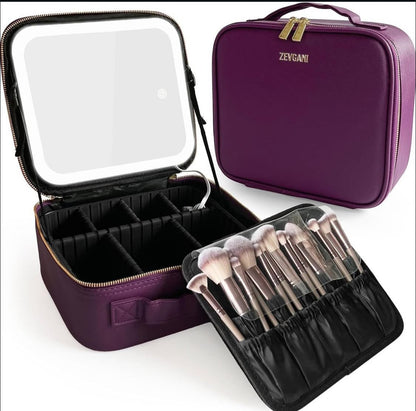 PURPLE COLOUR MAKEUP BAG WITH LED- LIGHTS AND MIRROR