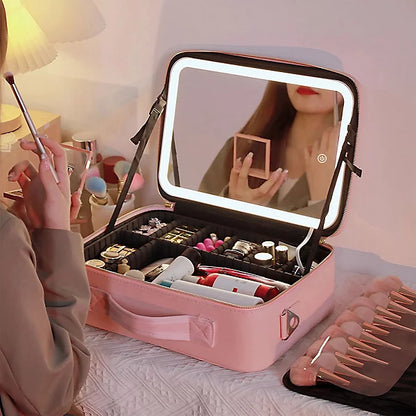 MAKEUP BAG WITH-LED LIGHTS AND MIRROR (PINK )